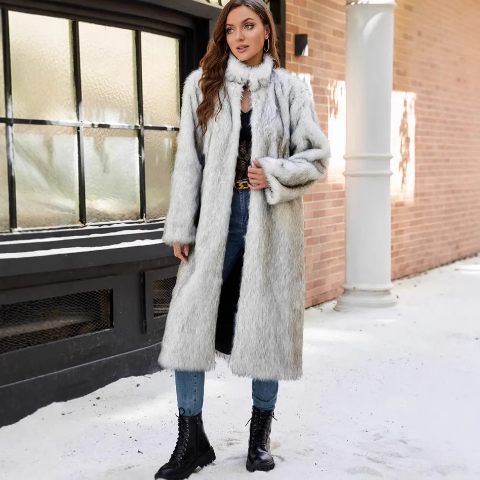 

Роскошная зимняя женская длинная куртка из эко-меха с градиентным воротником-стойкой, пальто из искусственного меха для женщин, элегантная пушистая женская верхняя одежда из меха