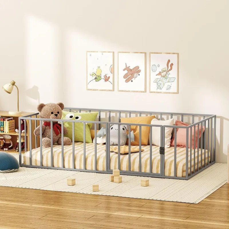 Montessori Twin Floor Bed Frame Metal 77×41×21 with Fence and Door Easy Assembly for Bedroom Playroom