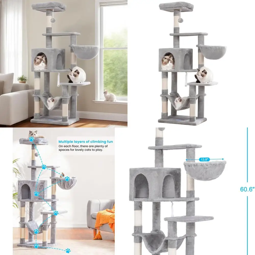 Indoor Multi-Level Cat Tree with Large Hammock, Sisal Scratching Posts, and Top Perch, Light Gray