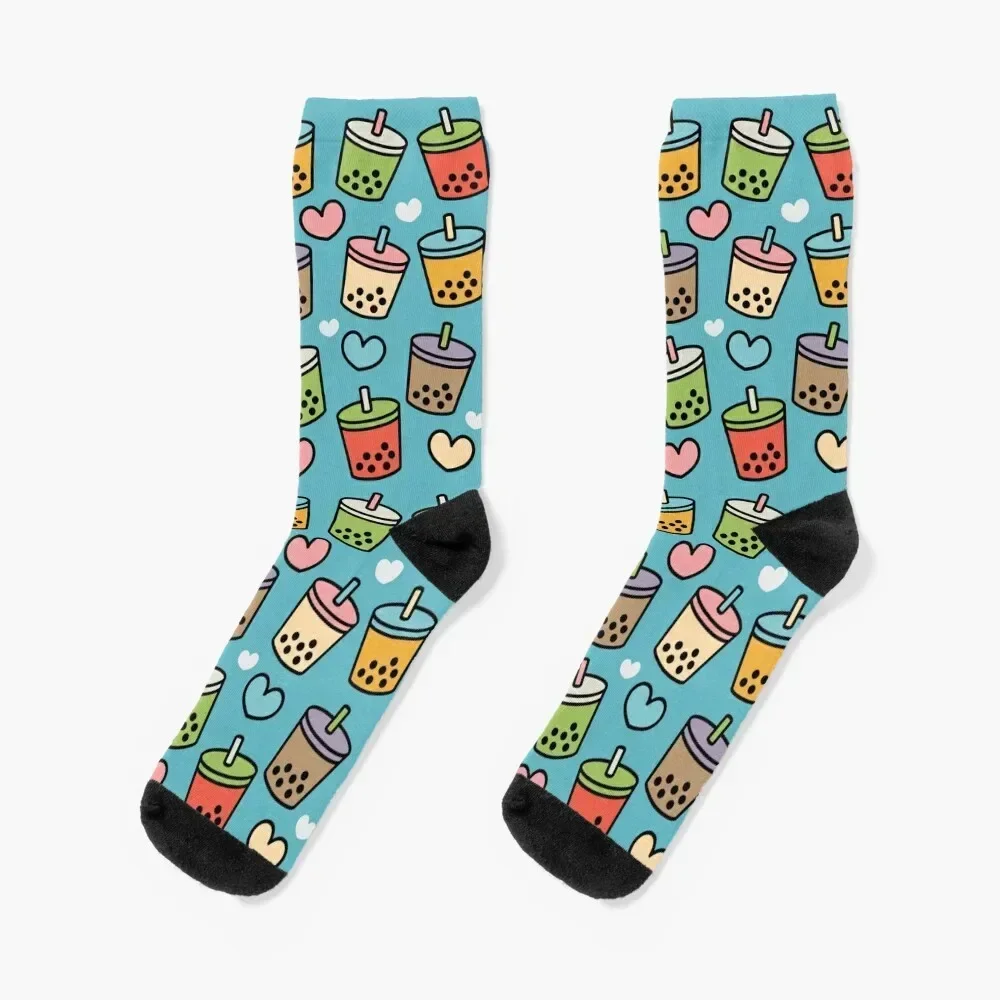 Cute Bubble Tea Flavors and Hearts Pattern Socks designer compression retro christmas stocking Woman Socks Men's