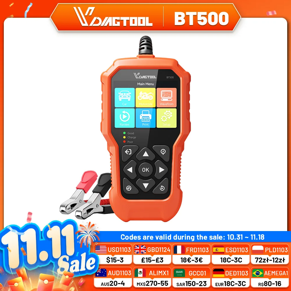 VDIAGTOOL BT500 12V/24V Battery Tester Automotive Battery Charger Analyzer Vehicle Cranking Charging Tool Car Battery Starter