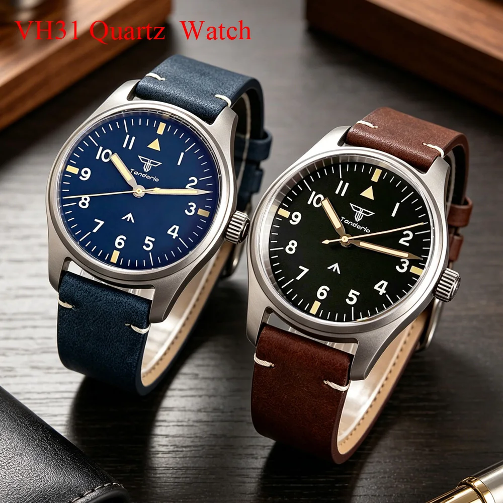 Tandorio 39mm AR Sapphire Titanium Case VH31 Sweep Seconds Quartz Movement 20ATM Waterproof Lume Vintage Pilot Diver Men Watch