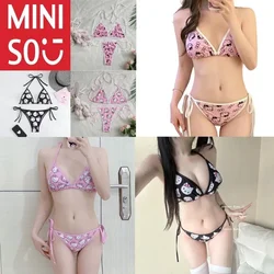 Hello Kitty Bikini Set Anime Sanrio Summer Beach Sexy Swimsuit Side Strappy Panties Cartoon Kawaii Bikini Swimwear Girls Gifts