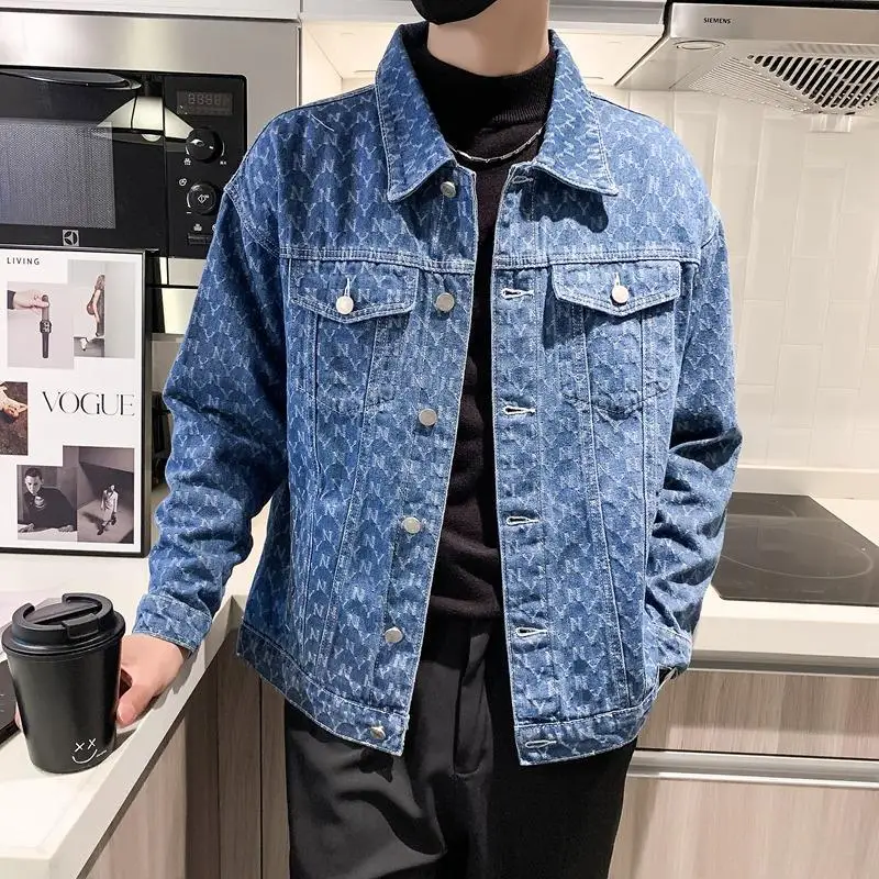 

New Arrival Top Fashion Letter jacquard Spring And Autumn Loose Cotton Denim Jacket Men Coat