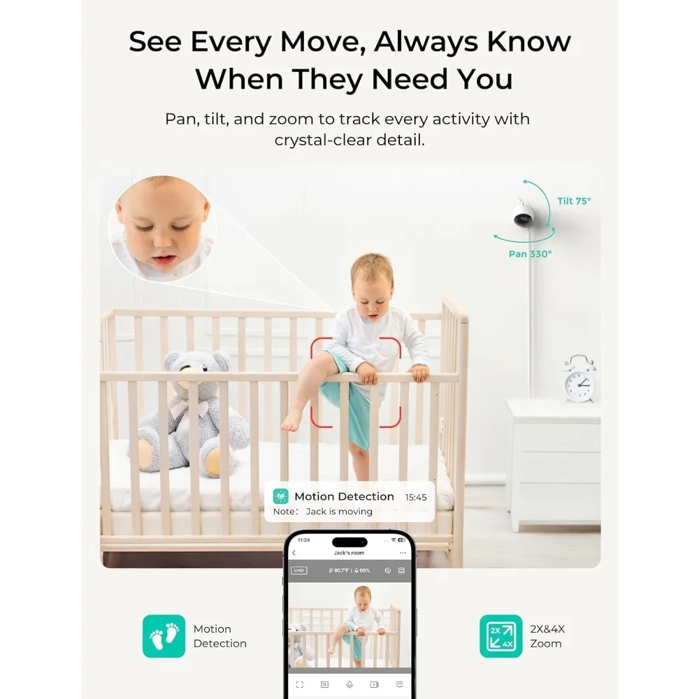 VistaView Lite Smart WiFi Baby Monitor with 2 Cameras- 4” 720P Split Screen & 1080P Camera App Control, Motion Alerts, Night Vis