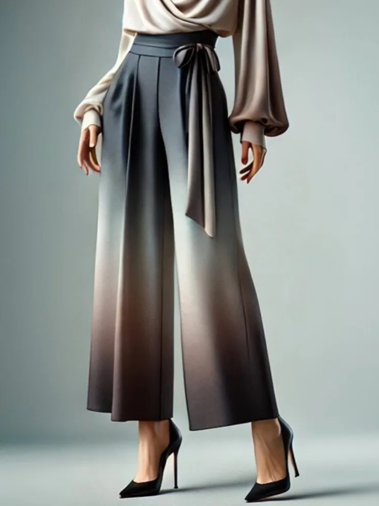 Women Gradient Wide Leg Pants High Waist Tied Waist Pleated Loose Fit Casual Office Commute Daily Trousers