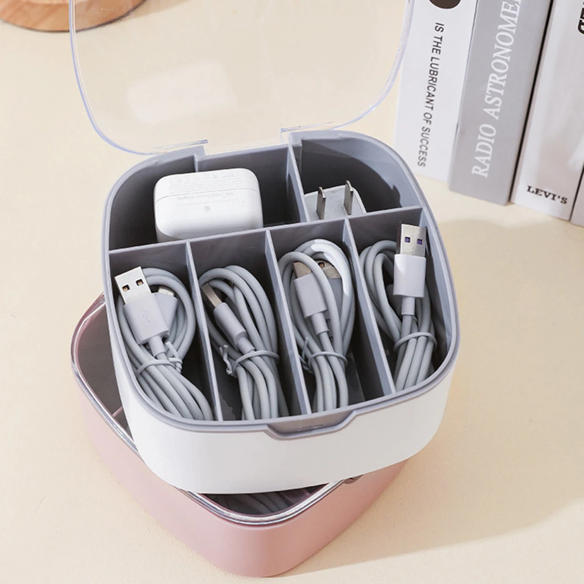 1pc-Data cable storage box, dust-proof split charging cable storage and management box, plastic desktop phone charging cable sor