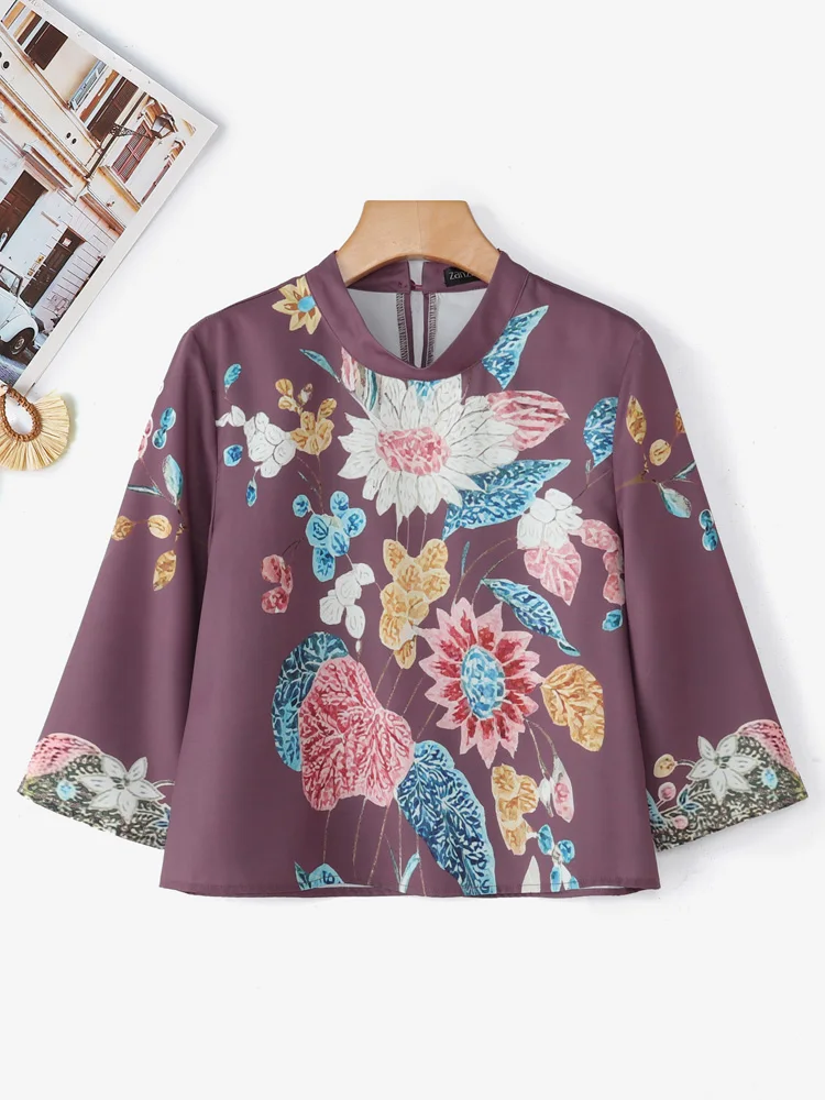 ZANZEA بلوزة بوهيمية مطبوعة بالزهور لخريف 2025 للسيدات بياقة واقفة 3/4 كم قمصان فضفاضة أنيقة تونك علوية كبيرة الحجم Blusa