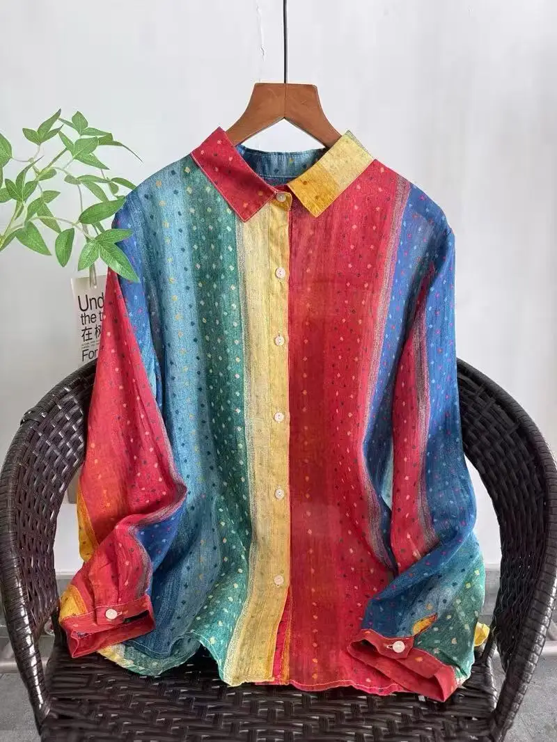 

Women's clothing trend 2026 pure ramie yellow floral printed shirts and blouses for women spring romantic ramie long sleeve tops