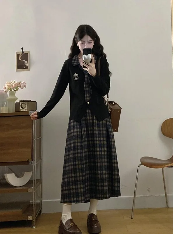 

plus Size Women's Knitted Open Cardigan Top High Waist A-Line Skirt Autumn Fashion College Style Embroidered Outfit Set