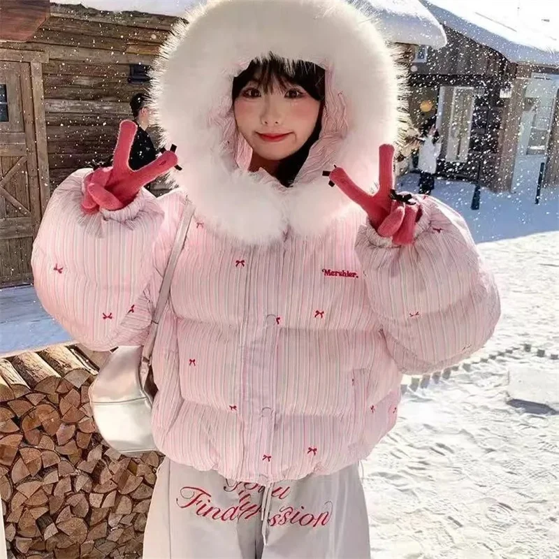 

Американский дизайн, полосатый бант, меховой воротник, капюшон, хлеб и хлопковая куртка, осенне-зимнее толстое теплое хлопковое пальто, куртка для женщин