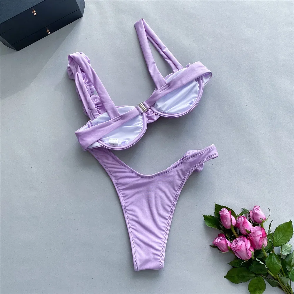 Sexy Flower Shiny Purple Swimwear Women Push Up Bikinis Set Underwired Swimsuit High Cut Bathing Suit Bather Thong Bikini 2024