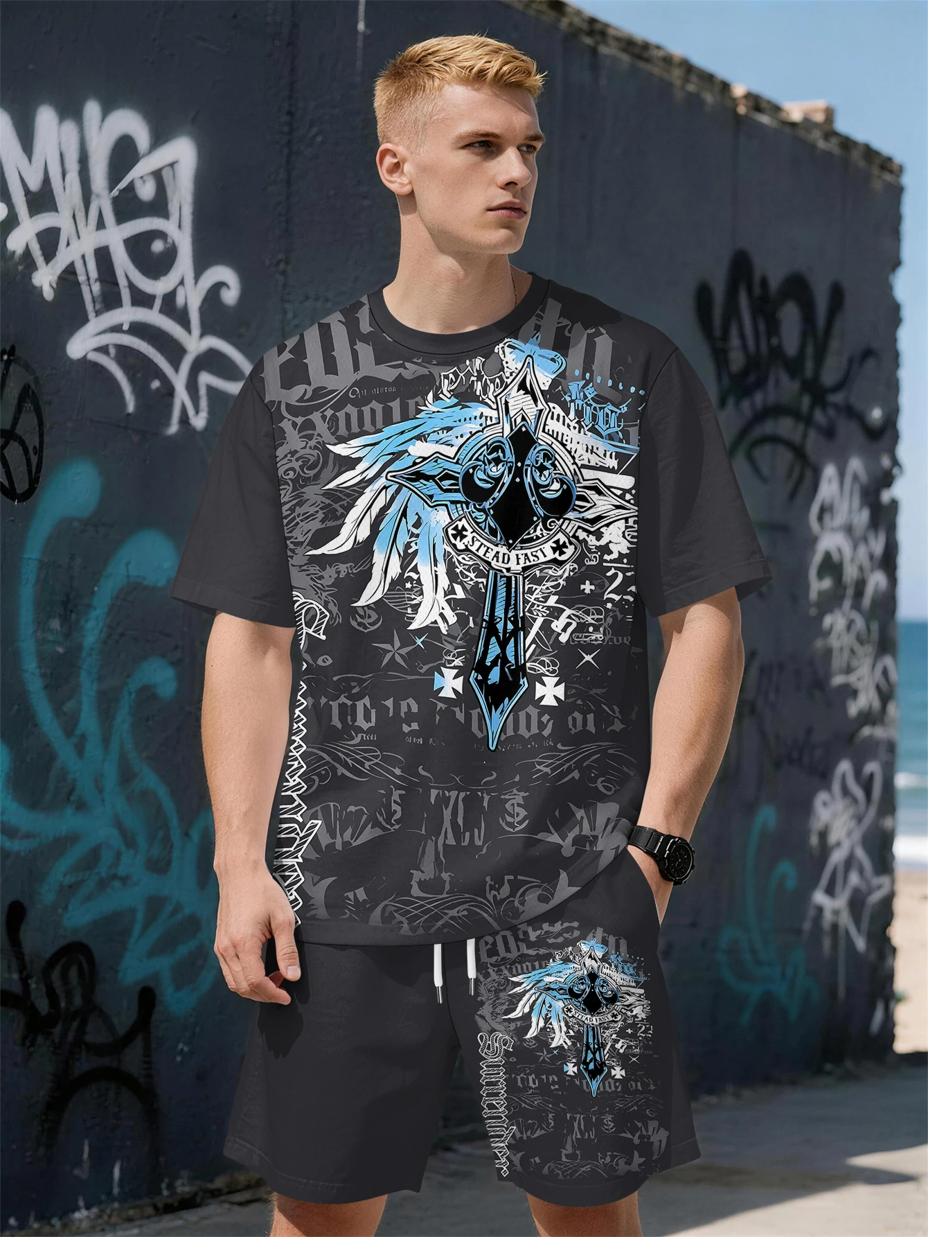 

2026 Summer New Men's Short-Sleeved Set - 3D Retro Trendy Brand Print - Fashion Street Style - Comfortable Lightweight Soft