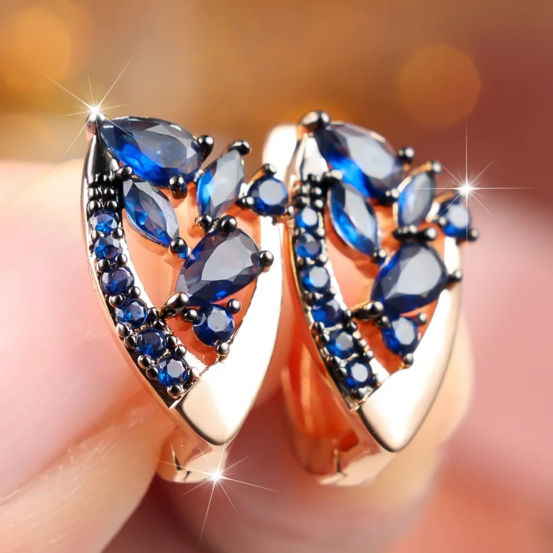 2026 European and American Retro Deep Sea Blue Zircon Ear Buckle Water Droplet Combination High-end Jewelry and Accessories