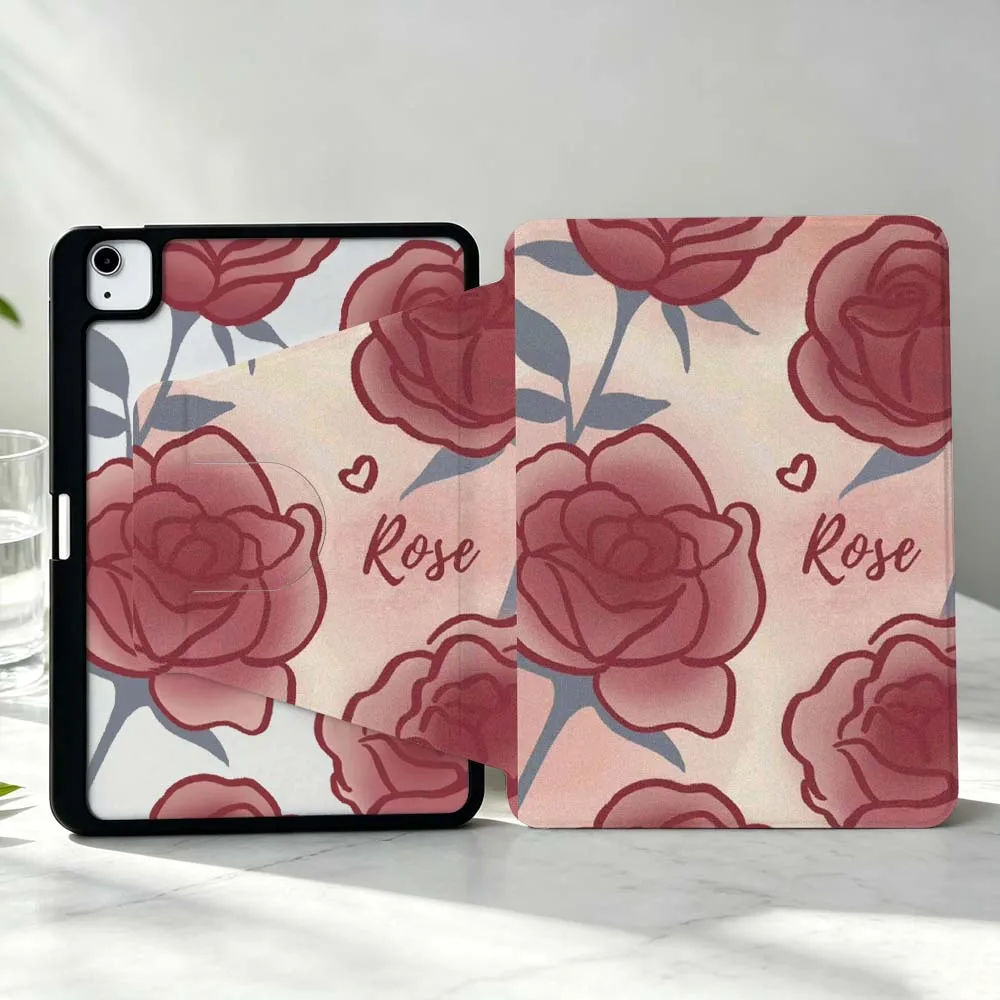 Red Rose Pattern Soft For iPad Pro Air mini 6 5 4 12th M5 M4 M3 M2 A16 A17Pro 360° Rotation Stylus Storage Tablet Case
