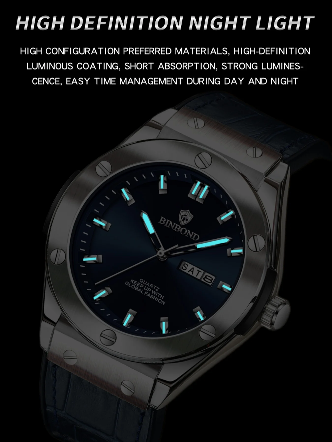 BINBOND Business Men's Watch 30M Waterproof Luminous Hands Date Calendar Function Men's Watch Stainless Steel Quartz Men's Watch image 2