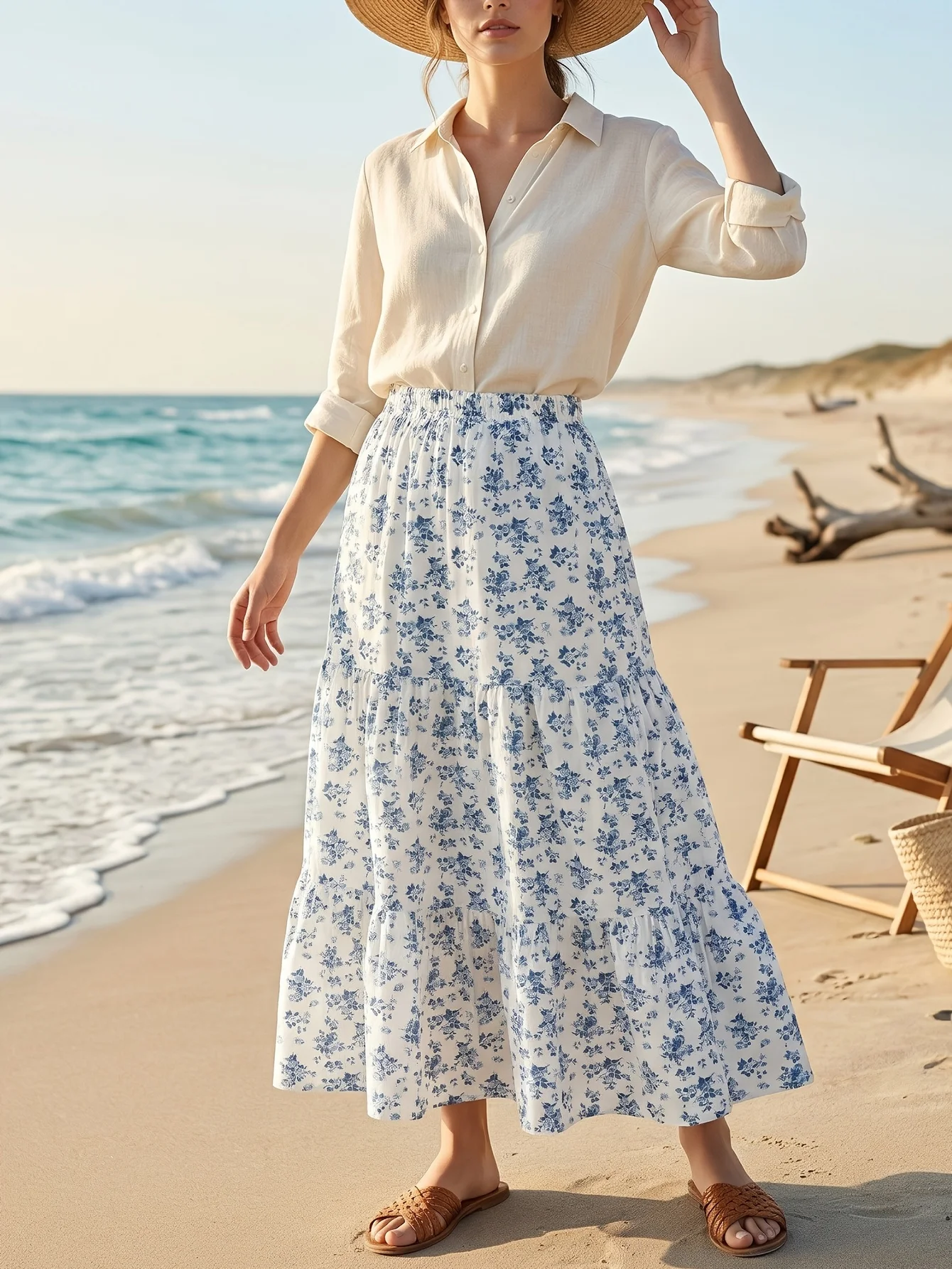Elegant casual random floral print elastic waist resort style maxi skirt beach skirt