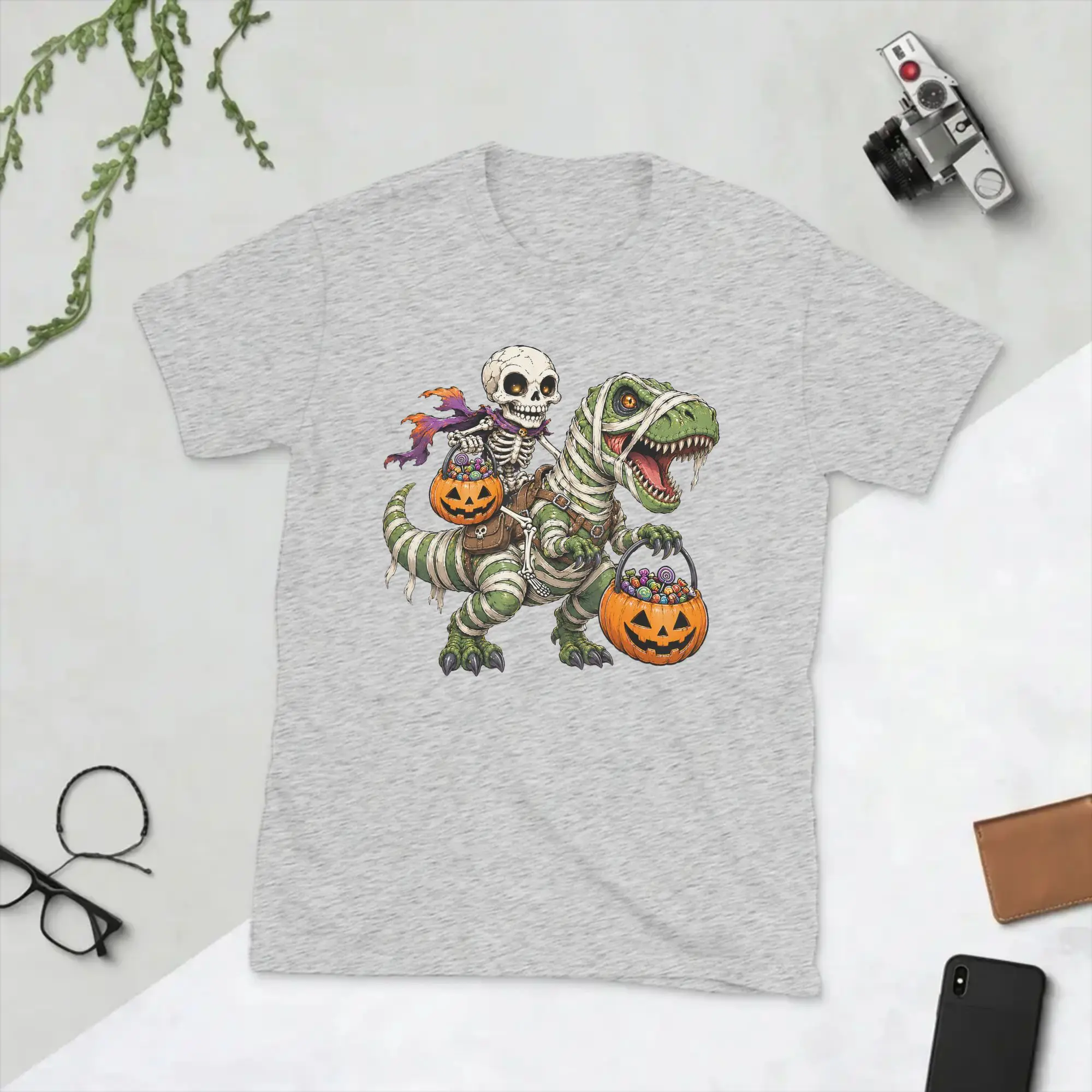 Vintage Funny Halloween  Skeleton Mummy Dino T Rex T-Shirts Men Crew Neck Pure Cotton T Shirt  Short Sleeve Tees 5XL 6XL Tops