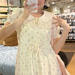 Preppy Style Ruffled Neck Hollow Out Lace Floral Princess Sleeve Summer New Sweet Kawaii Drawstring Midi Age Reduction Dress