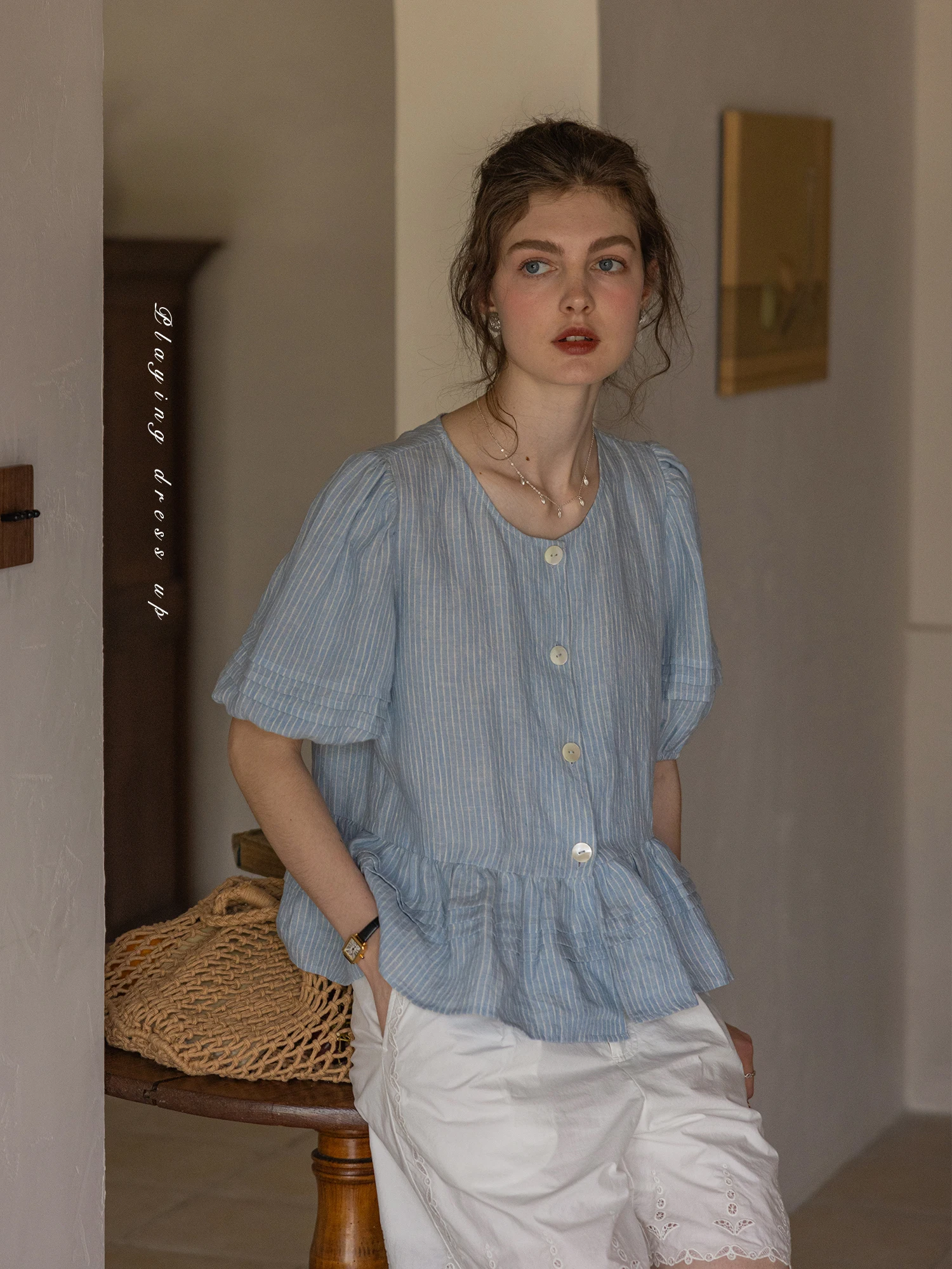 

Dailyart Margaret Style Short Bubble Sleeve Shirt Women's Top without Collar French Style Loose Fit Linen Material Summer Fas...