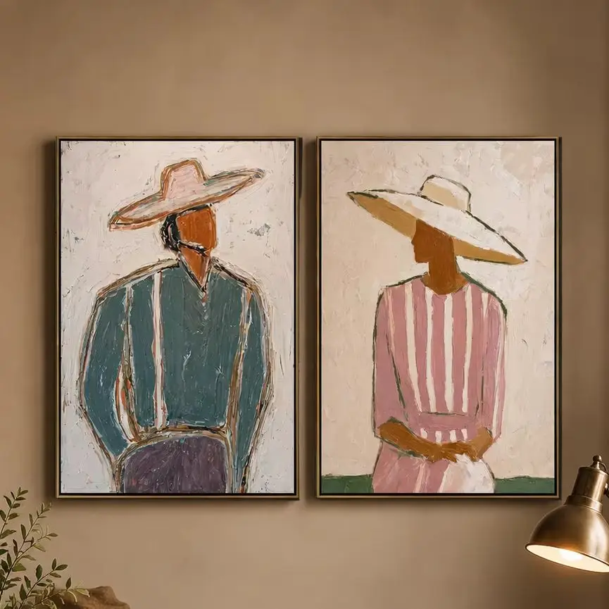 (No frame)The Garden Party Diptych – Vintage Americana Folk Couple Two-Panel Painting Canvas Wall Print for Bedroom, Living R