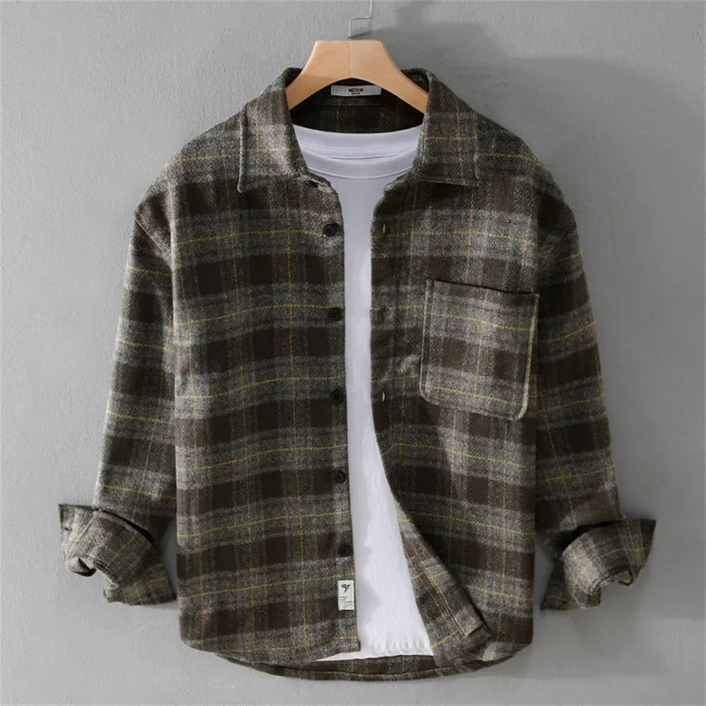 men's winter clothing 2024 check shirt long sleeve workwear men tops Sanded shirt coat plaid casual loose shirts for men