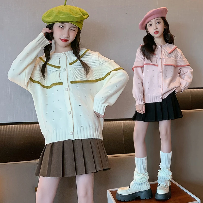 

Korean Preppy Children Peter Pan Collar Cardigan For School Girl Fashion Cotton Sweaters Kids Elegant Knitted Clothing Knitwear
