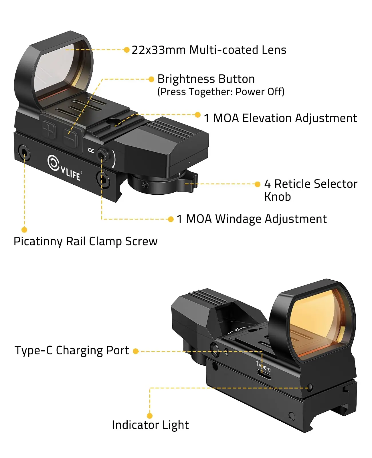 CVLIFE FoxSpook Rifle Scope Red Dot Sight 1x22x33mm Optics Reflex Sighting Paintball Sights Rechargeable for Picatinny Rail