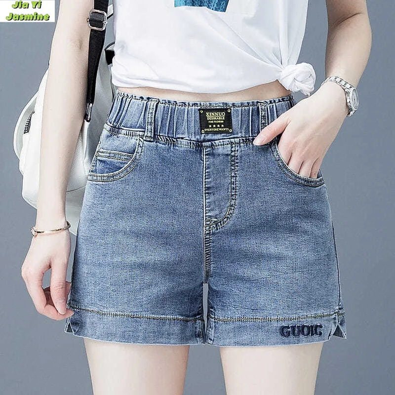 2024 Zomer Nieuwe Hoge Taille Denim Shorts Dames Koreaanse Editie Grote Maat Slanke Elastische Wijde Pijpen Broek Geborduurde Hotpants Voor