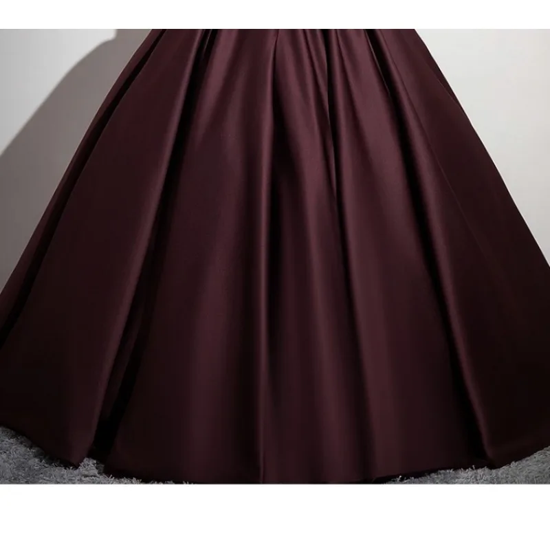 Vestido de noite vermelho vinho escuro, vestido torrado feminino, vestido de noiva de cetim de noiva, exame de arte vocal de um ombro, saia fofa