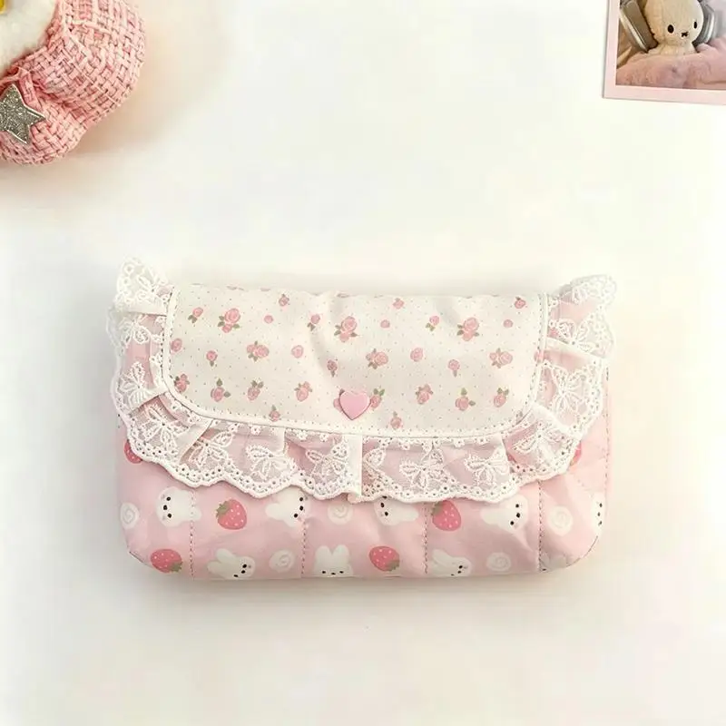1 Stück Rosa Karierte Spitzen-Aufbewahrungstasche mit Polka-Dot-Schleife, Niedliche und Stilvolle Klapp-Make-up-Tasche für Mädchen, Mittelschülerinnen – Detail 2