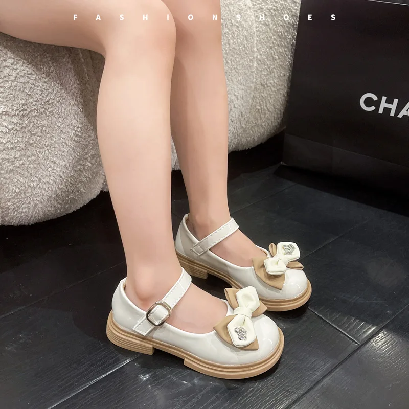 Bow Tie Princess Flat Children's Shoes for Girl Black Mary Jane Loafers Sneakers Kids Party Shoes Student Leather Shoes 6 Year