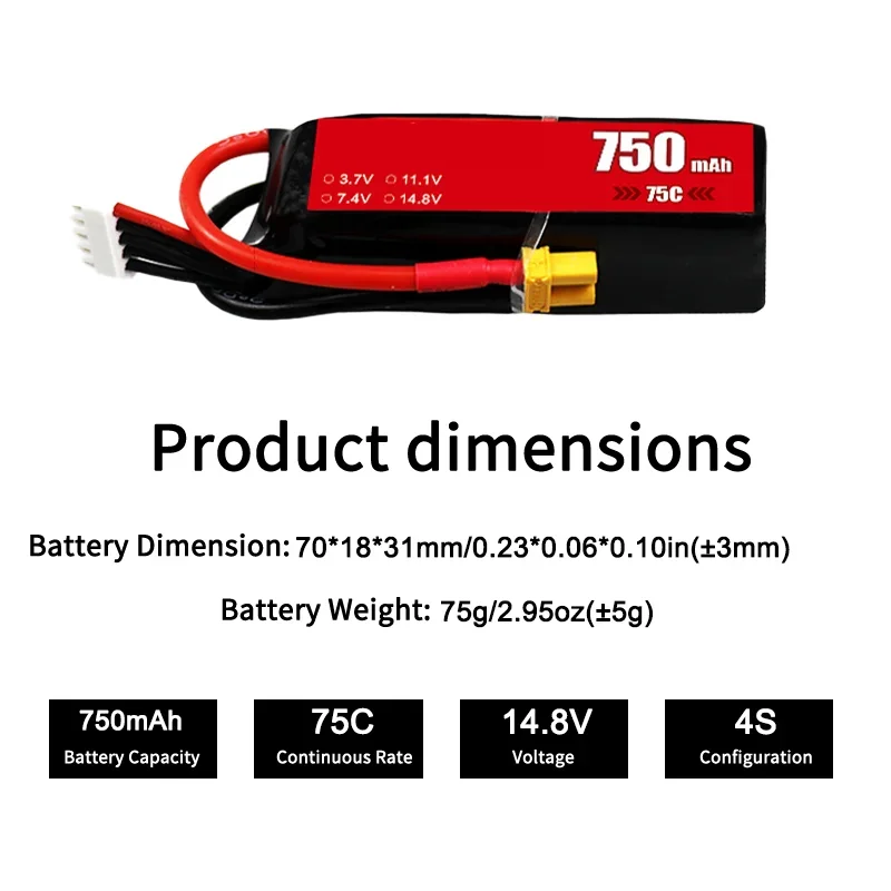 Ultra Stable 750mAh 4S 75C XT30 Medium Rate Strong Compatibility Long Lasting Lipo Battery For FPV Racing Drone