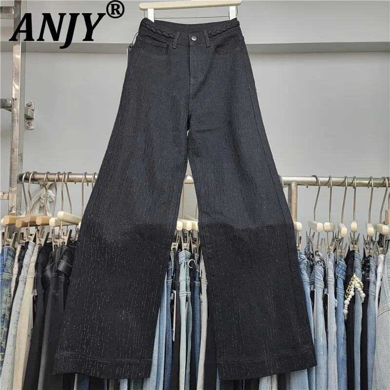 

ANJY Autumn New Women Chic Jeans Heavy Craft Studded Diamonds Straight Dark High Street Elegant Stylish Casual Denim Pants A9341