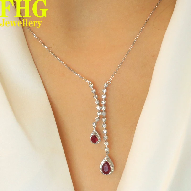 Natural ruby0.5 Ct and Natural Real Diamond 0.18Ct 18K White Gold Heart Necklcae Ladies Birthday Gift Party Wedding Jewelry