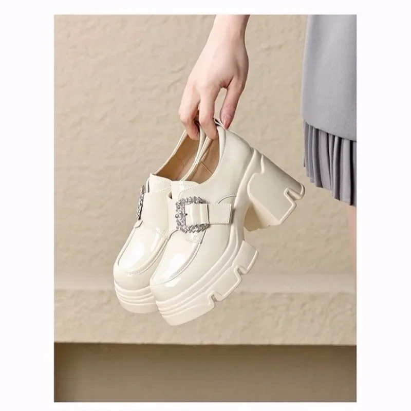 Shoe Retro British Leather Shoe 2024 Autumn New Elegant Woman Heeled Shoes High Quality Rhinestone Loafers