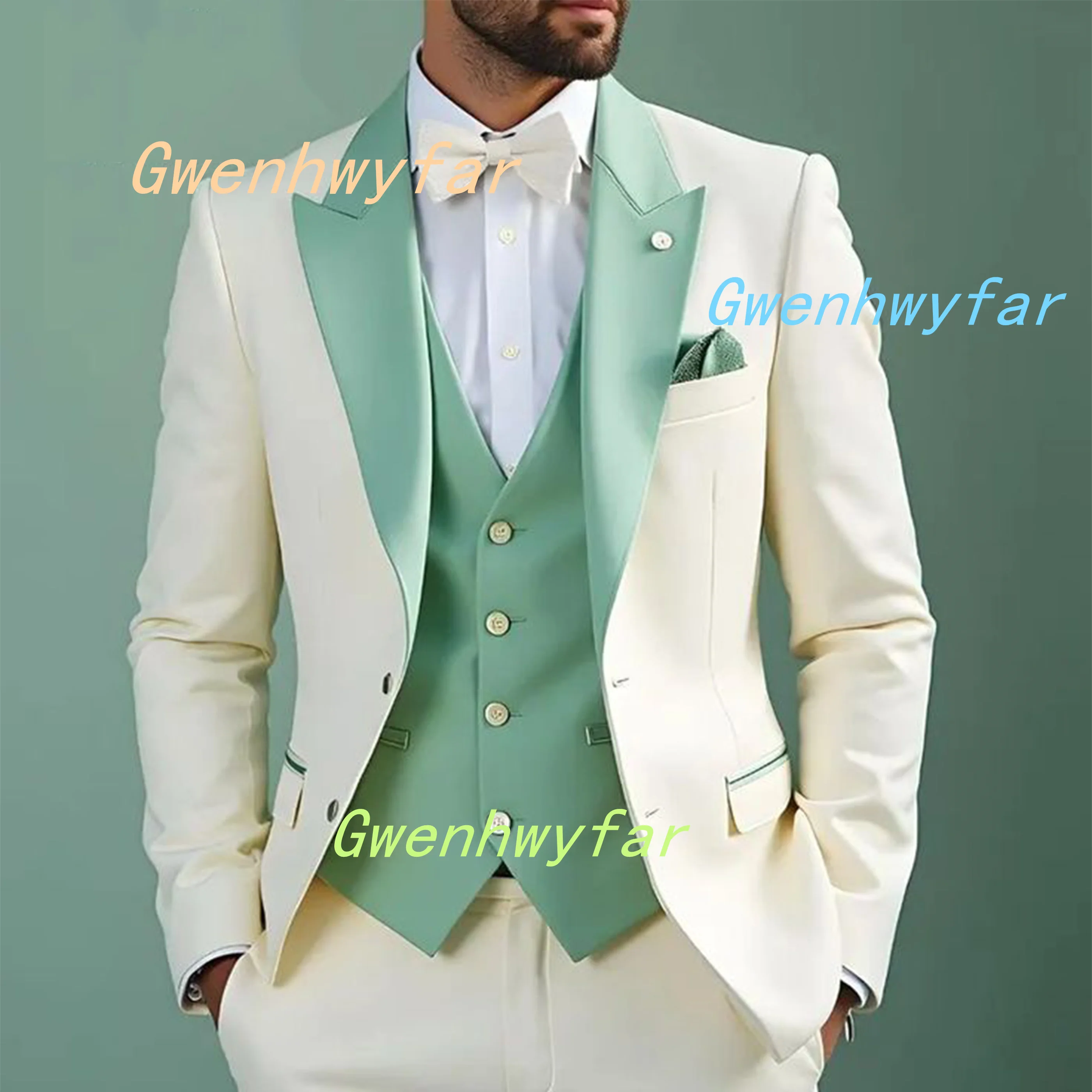 Gwenhwyfar Fashion Cream Colored Suit Jacket Pants Paired with Light Green Vest 2026 Elegant Casual Suit 3-Piece Set for Men