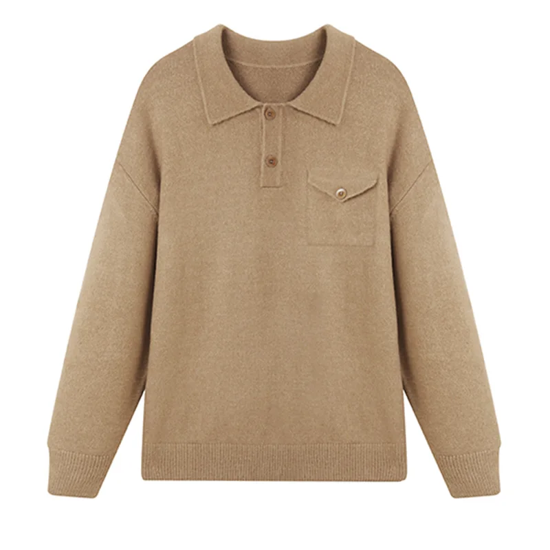 Pocket Turn-Down Collar Men Sweater Pull Homme Solid Color Casual Winter Quality Acrylic Blends Elastic Trendy Sueters De Hombre