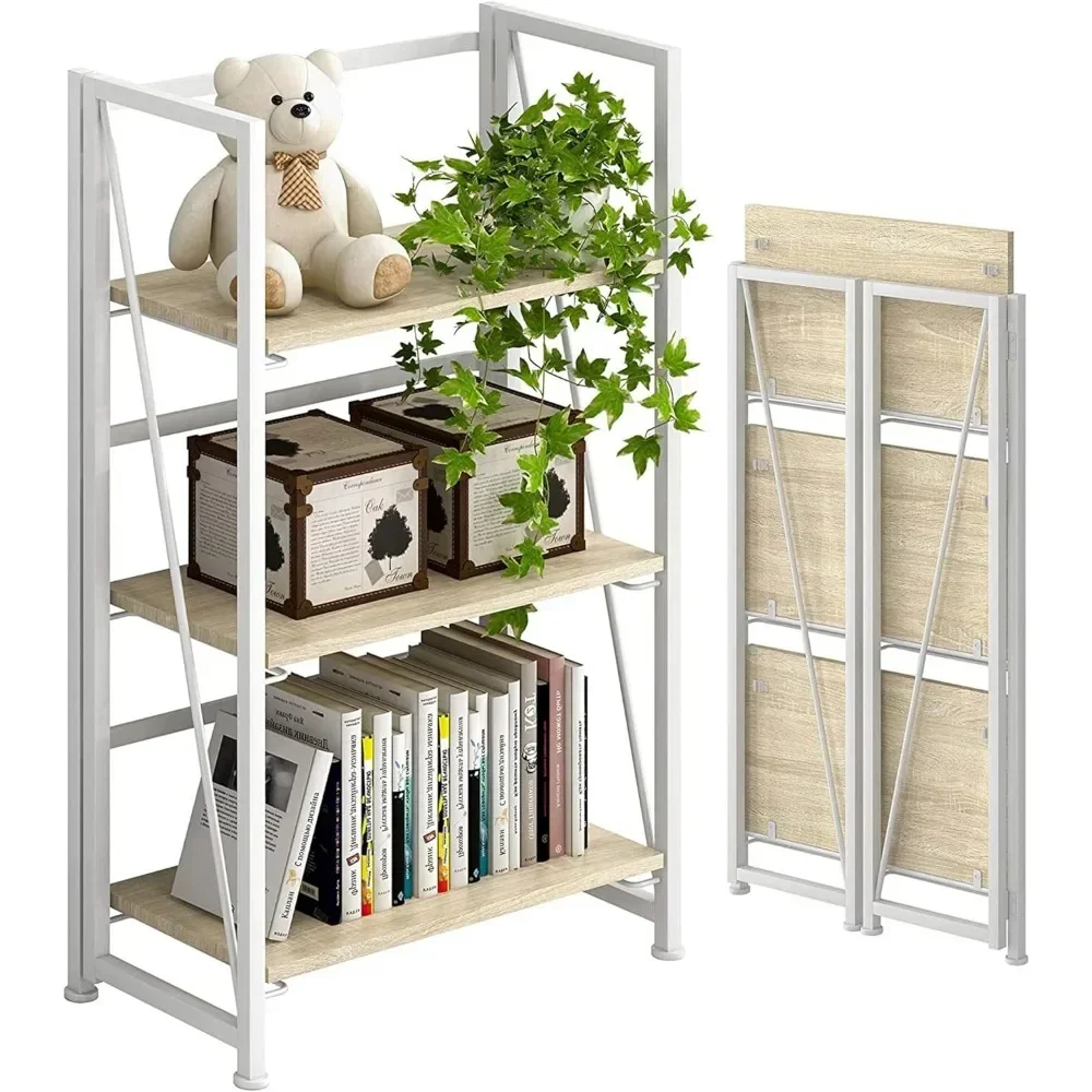 

No-Assembly Folding Bookshelf Storage Shelves 3 Tiers Vintage Bookcase Standing Racks Study Organizer Home Office (White)