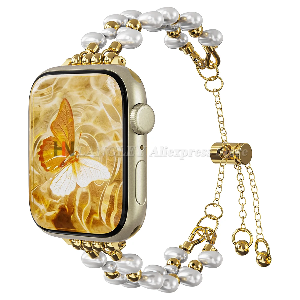 New Beads Metal Link Strap For Apple Watch Bands For Women 38mm 40mm 41mm 42mm 44mm 45mm 46mm 49mm Pearl Gold Watch Bracelets