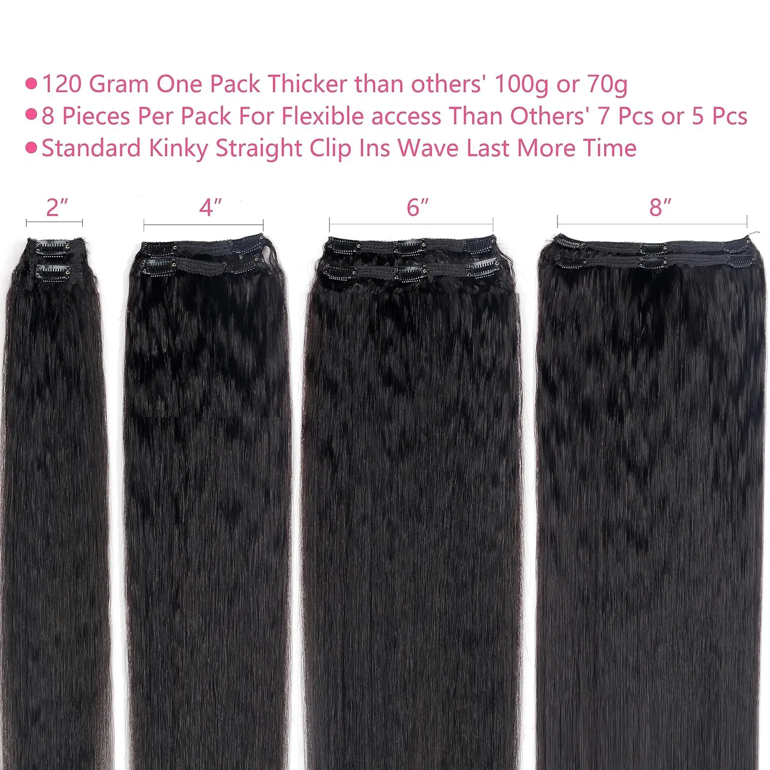 26 Inches Kinky Straight Clip In Hair Extensions 120G 8Pcs/Set Natural Black Hair Full Head Brazilian Remy Real Human For Women