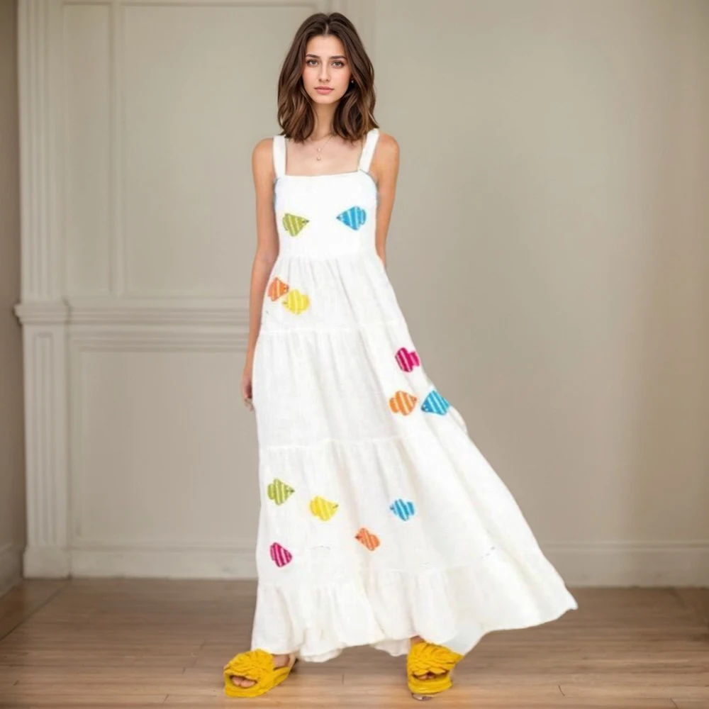 Beach Sundress Vintage Embroidery Square Neck Tiered Dress Fashion Trend Print Square Collar Sleeveless Pleated Slim Fit Dresses