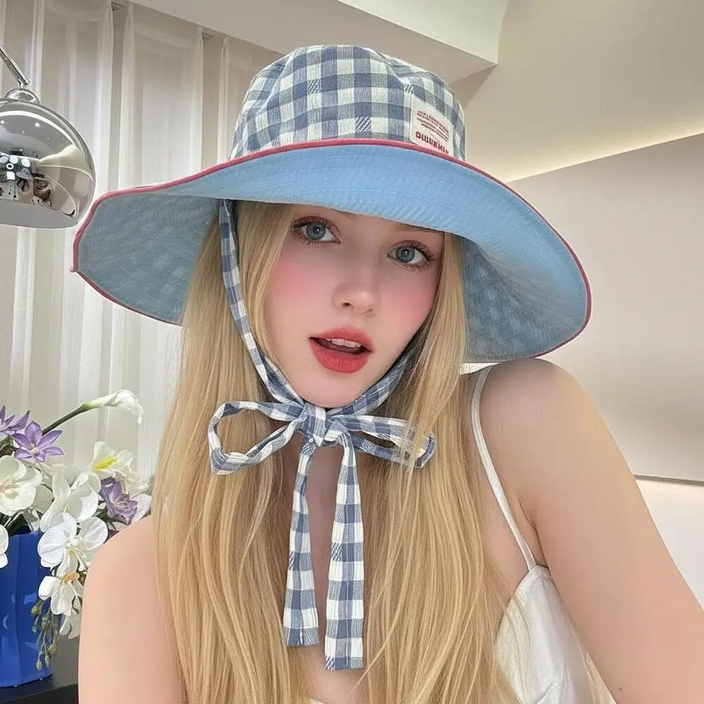 Reversible Plaid Bucket Hat Sun Hats for Women Wide Brim UV Protection Beach Hats Summer Travel Outdoor Foldable Sun Cap Fishing