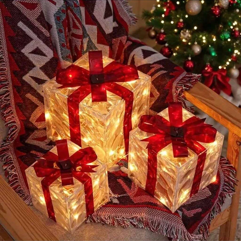 2025 pvc 3 peças caixa de presente brilhante de natal enfeites de decoração de casa de natal alimentado por bateria aa (não incluído)