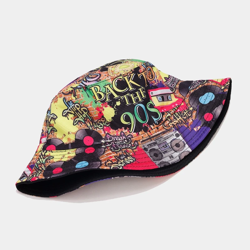 Summer Vintage 80 90 Party Graffiti Bucket Hat Men Women Reversible Panama European  American Classics Bob Fishing Beach Sun Hat