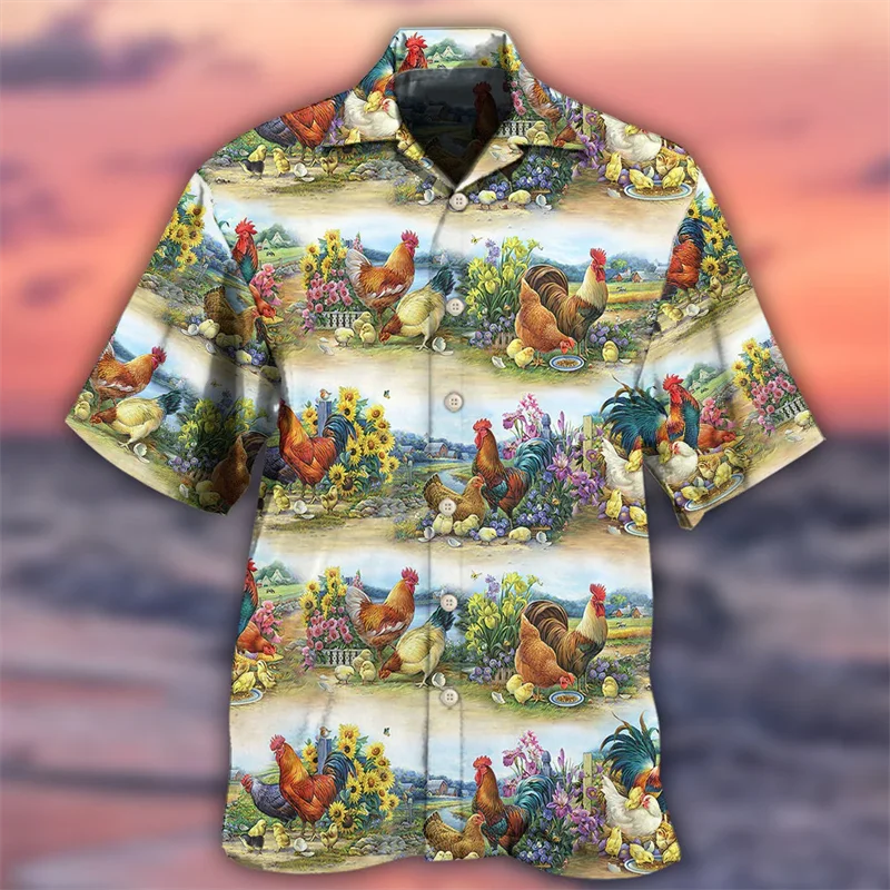 Summer Fashion Mens Hawaiian Shirts Short Sleeve Button Funny Chicken Printed Casual Beach Aloha Shirt Plus Size 6XL Hombre Ropa