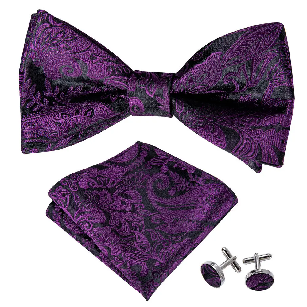 Suspenders For Men\'s Pants Exquisite Plum Purple Floral Silk Jacquard Pre-Bow Tie Handkerchief Cufflinks Set Barry.Wang Designer