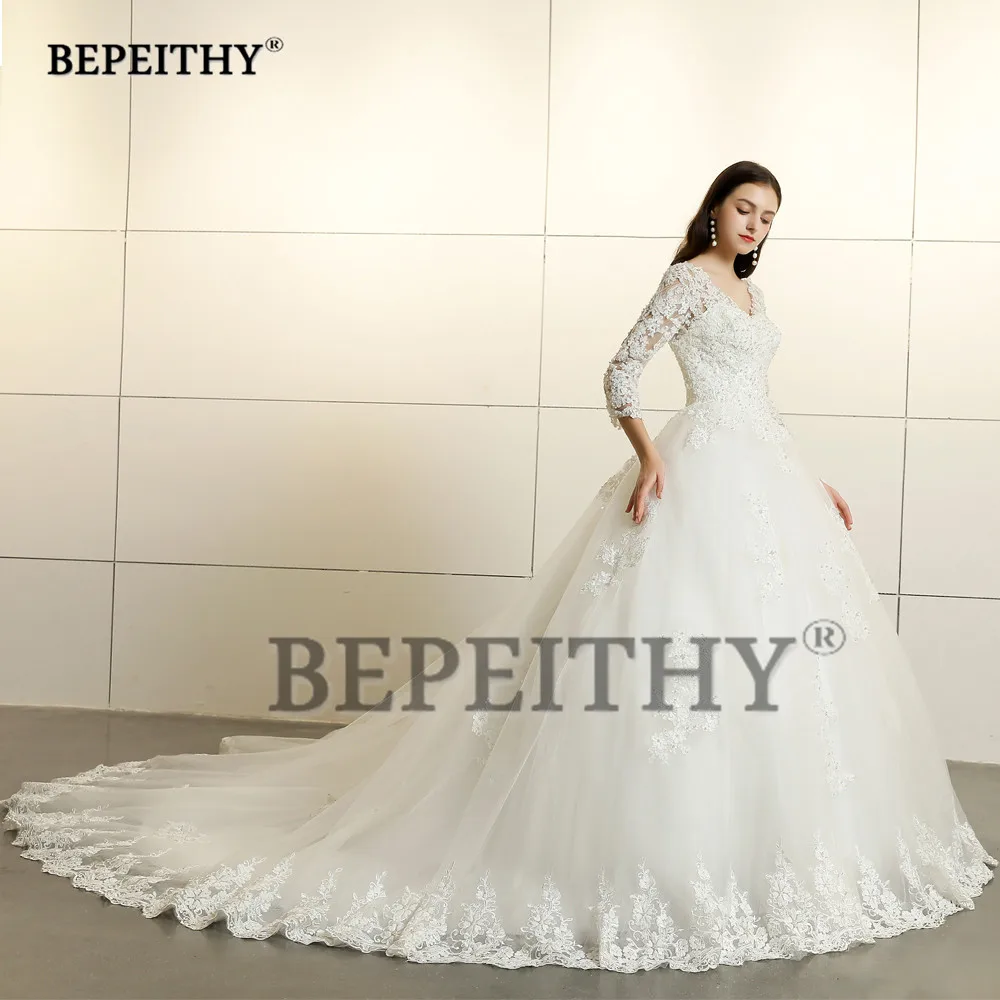 Vintage 2021 Ren Áo Cưới Tay Dài Đầm Vestido De Novia Triều Đình Đoàn Tàu Ren Cổ V Cô Dâu Đầm Hở Lưng Bóng váy Bầu