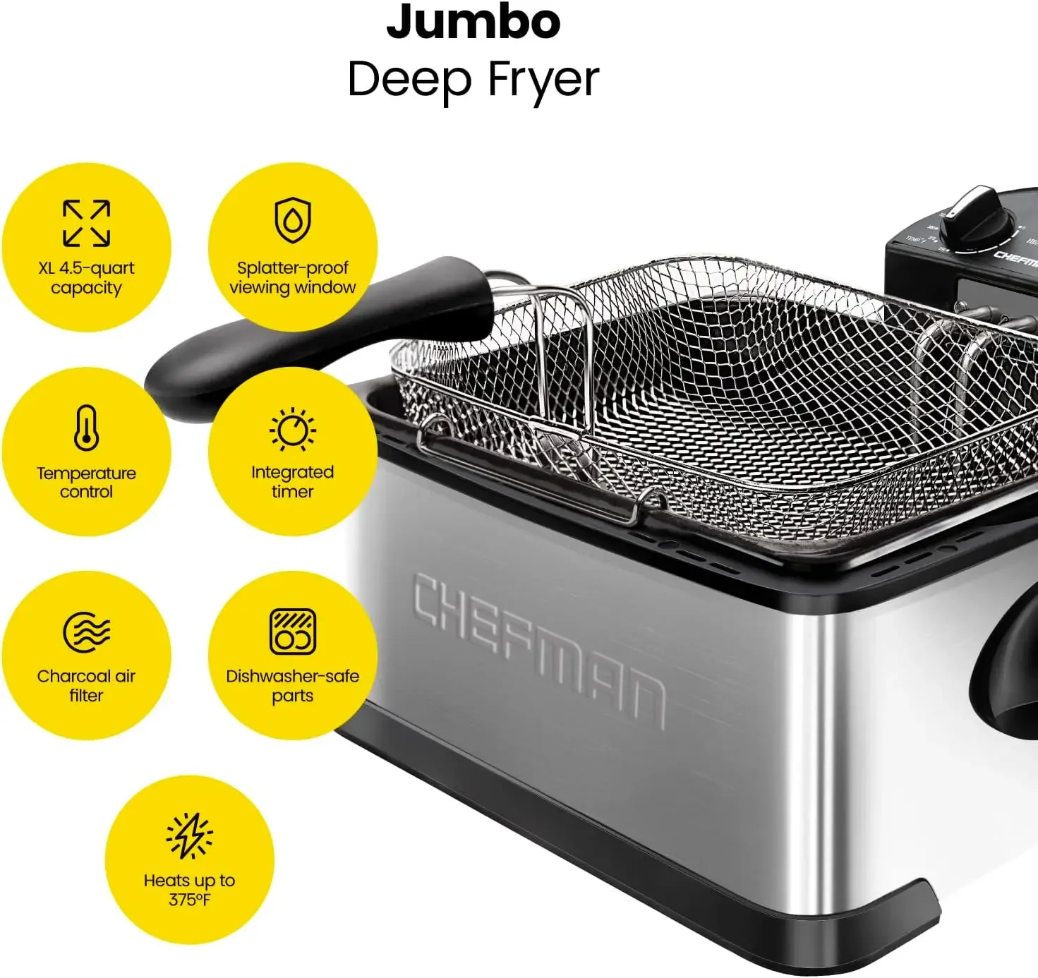 NEW 4.5 Liter Deep Fryer w/Basket Strainer, XL Jumbo Size, Adjustable Temperature & Timer, Perfect for Fried Chicken, Shrimp