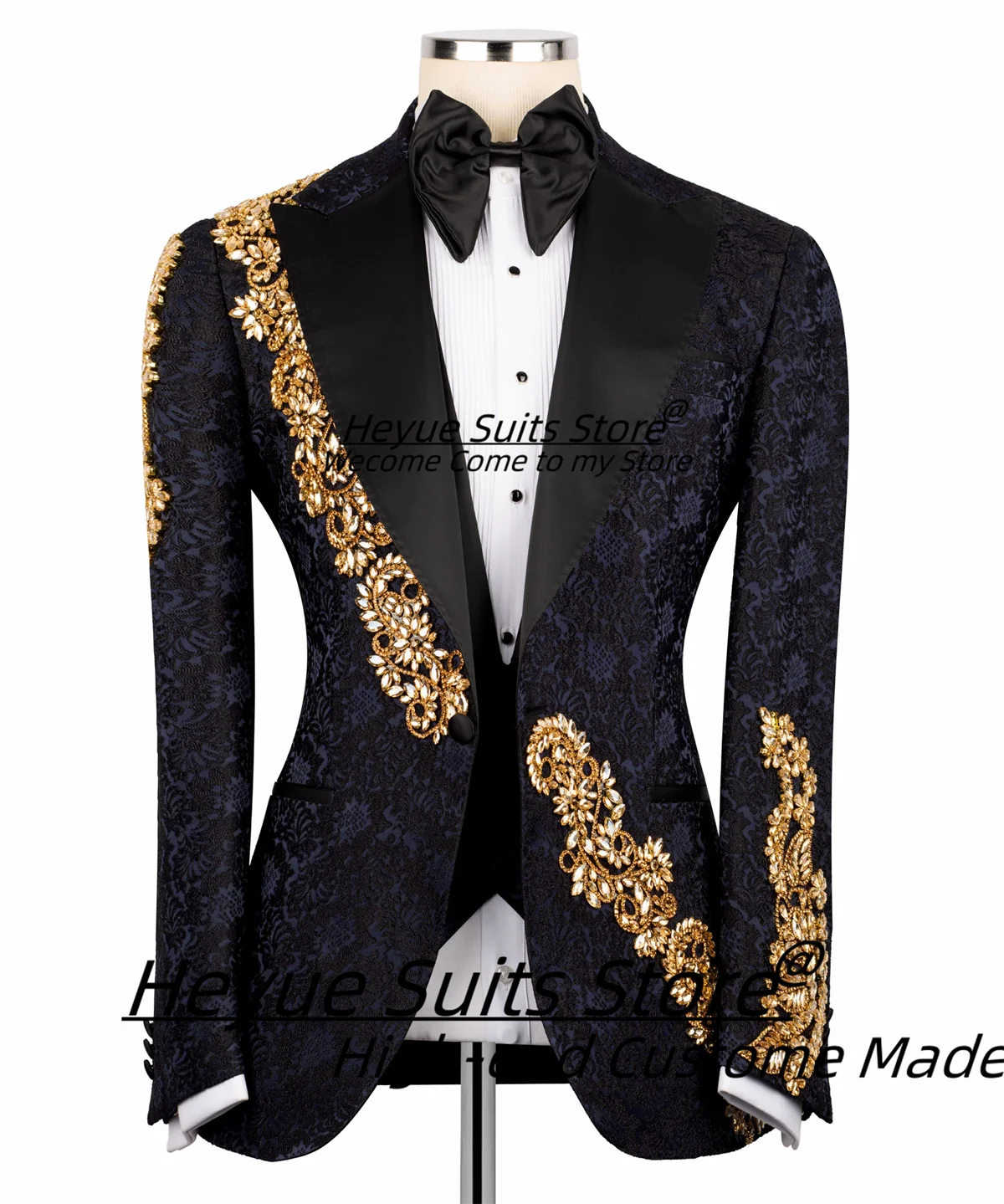 أنيقة الجاكار عالية الجودة الرجال الدعاوى مخصصة سليم صالح الذروة التلبيب العريس الزفاف البدلات الرسمية كريستال 3 قطعة مجموعات Ropa Hombre #1